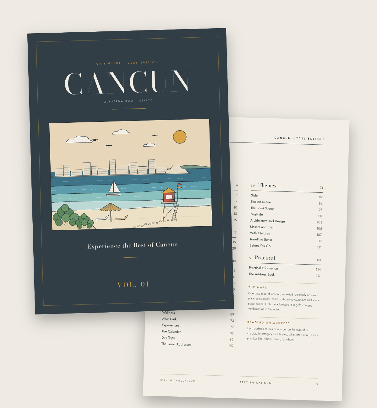 The cover and contents of the Cancun City Guide, 2026 edition