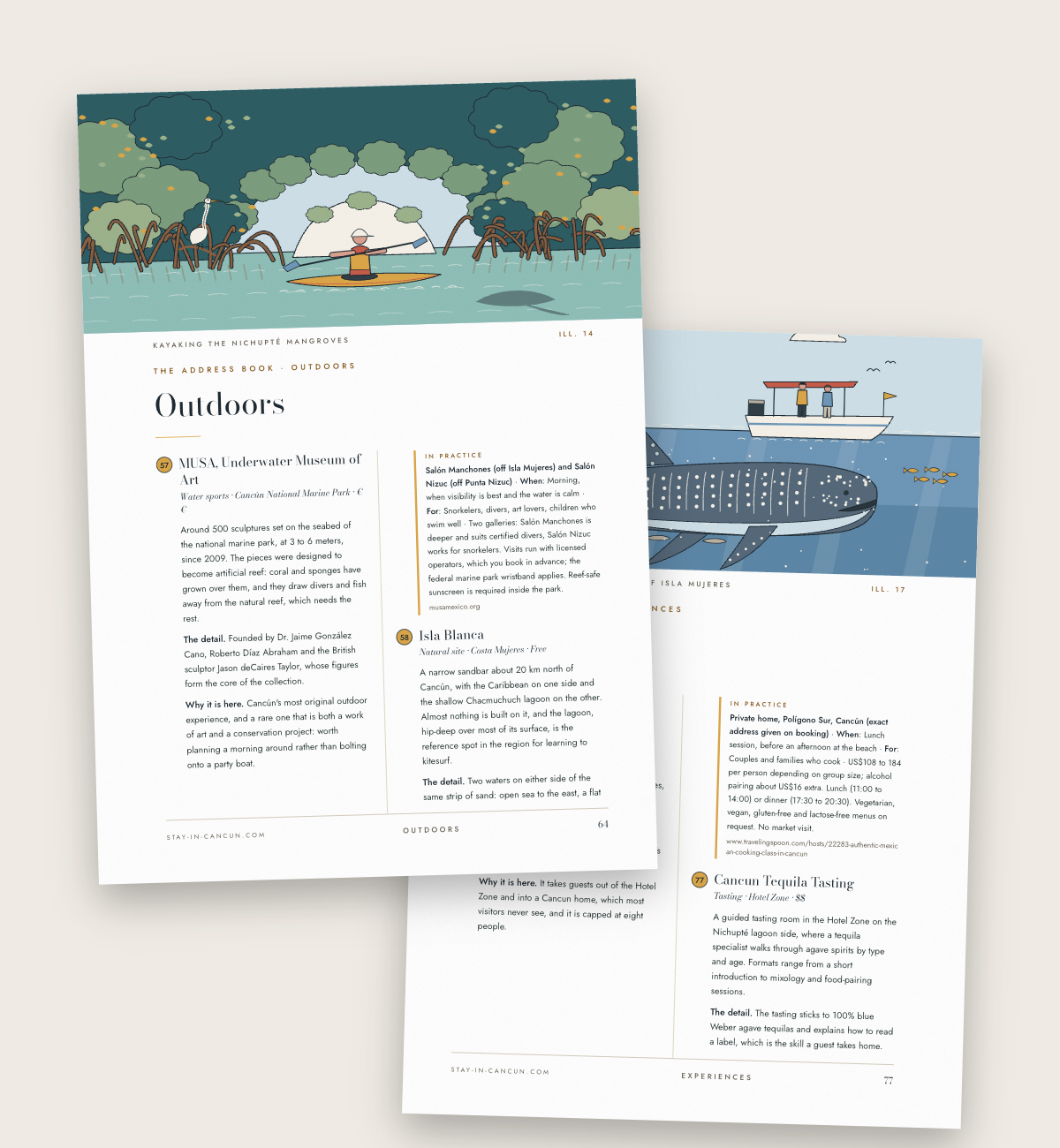 The Outdoors chapter opening with its illustration of the Nichupté mangroves, and a plate of the Experiences chapter