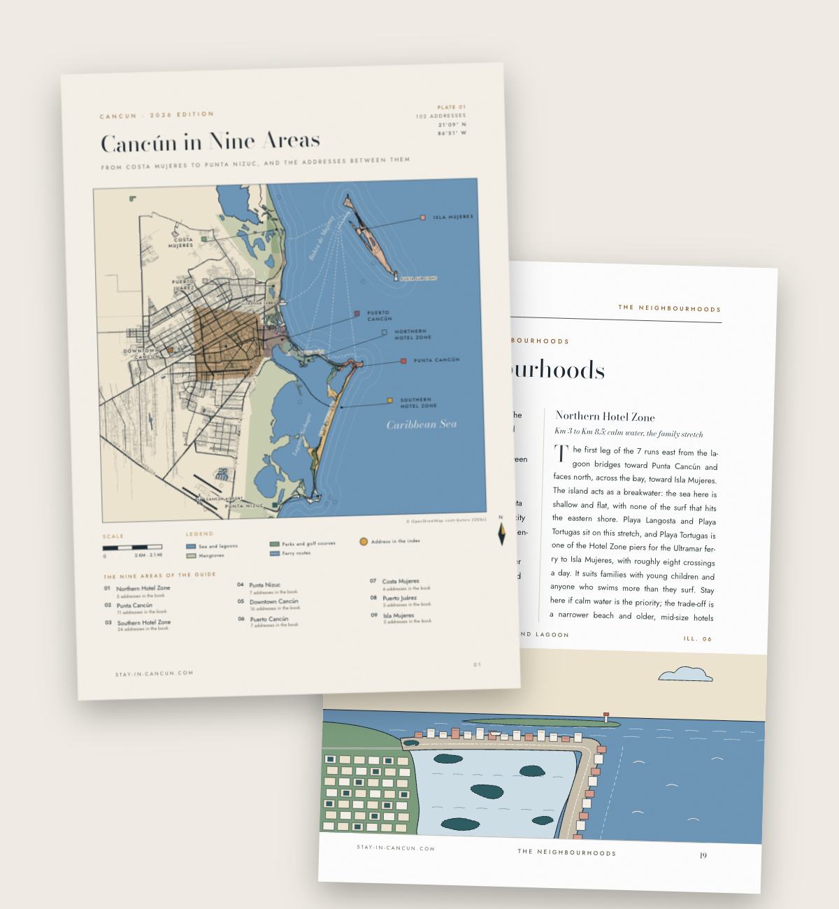 The map of the nine areas of the Cancun City Guide and the opening of The Neighbourhoods chapter