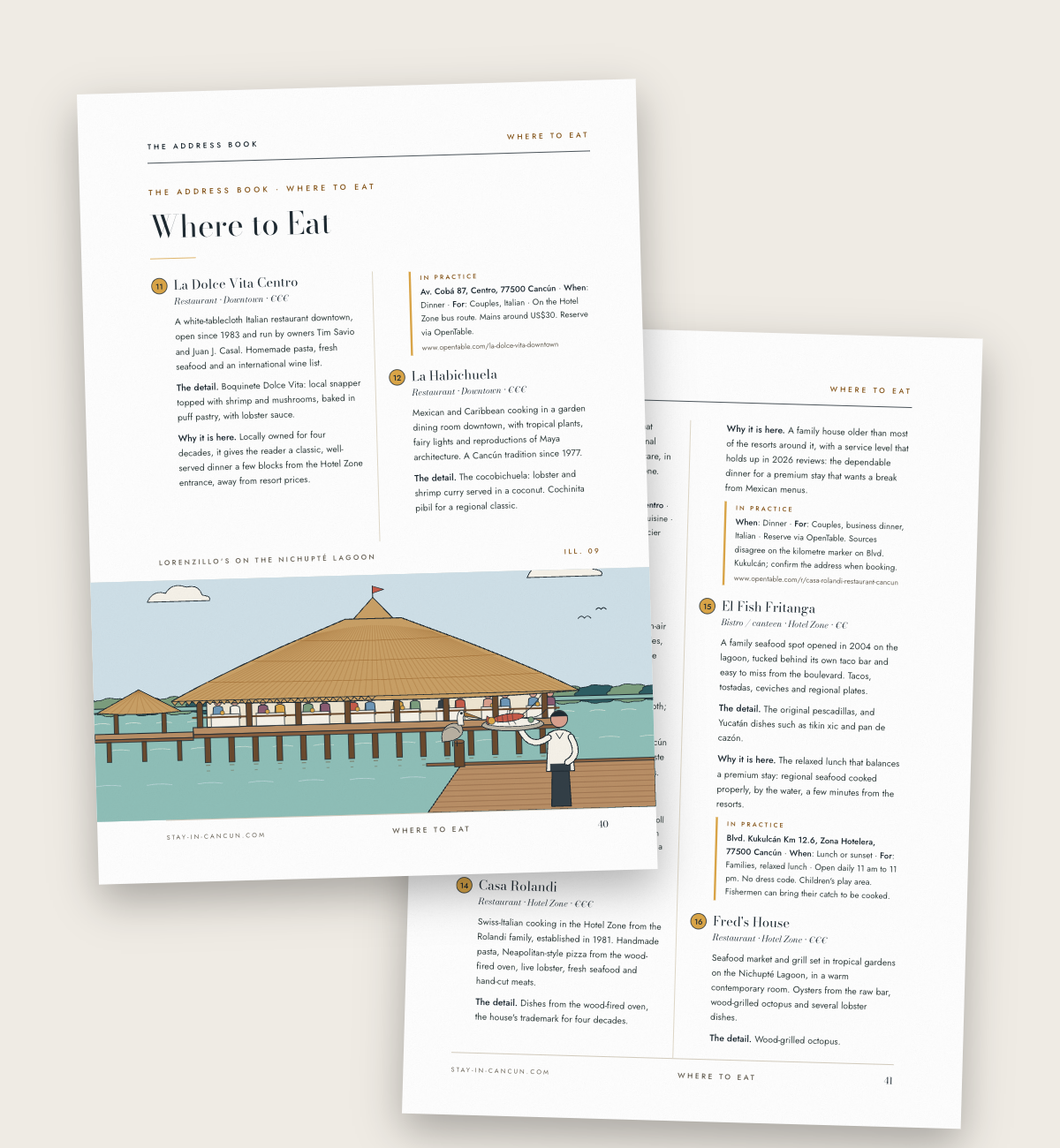 Two plates of the Where to Eat chapter, each address with its reason and its practical block